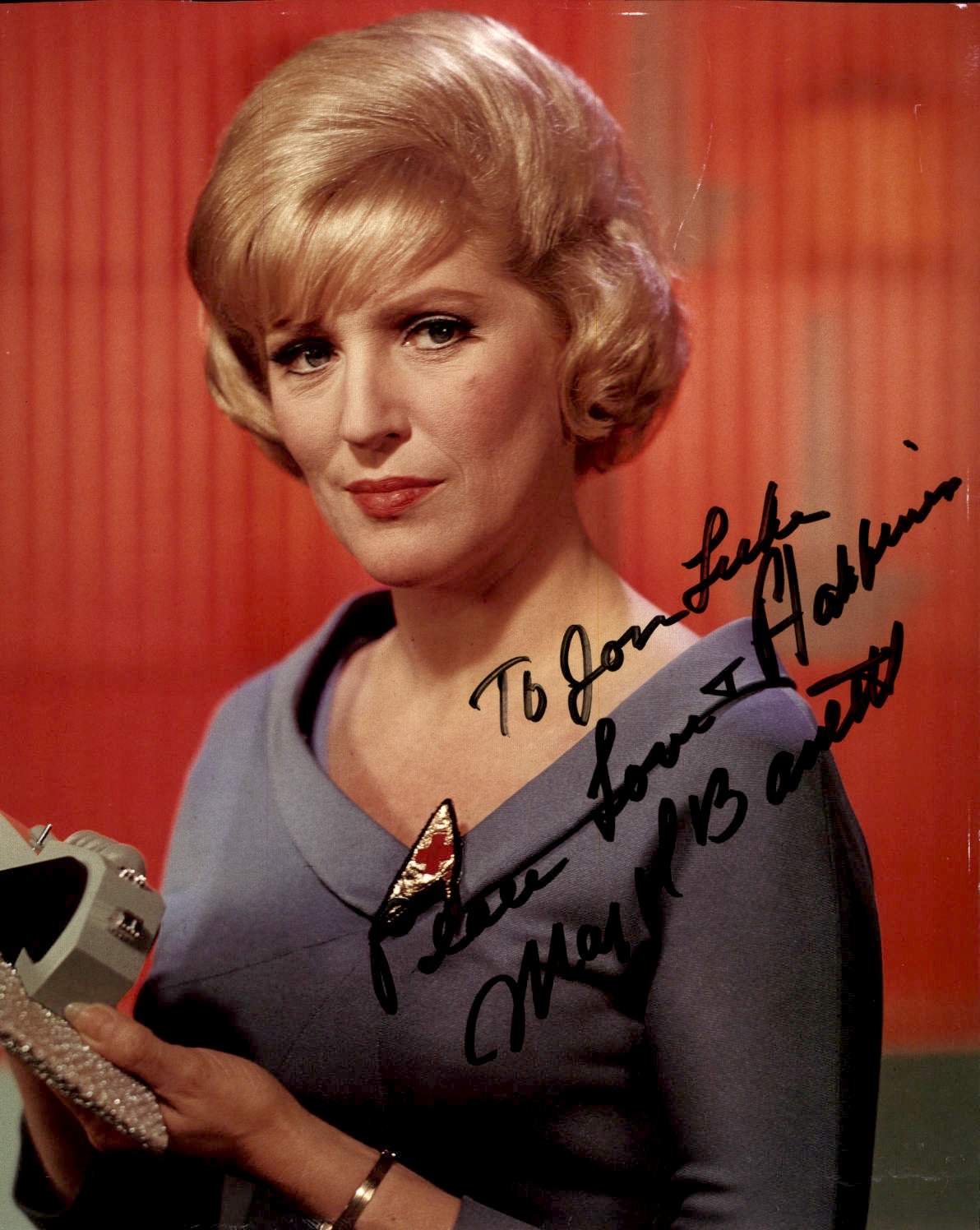 Autographed color photograph of Majel Barrett as Nurse Christine Chapel